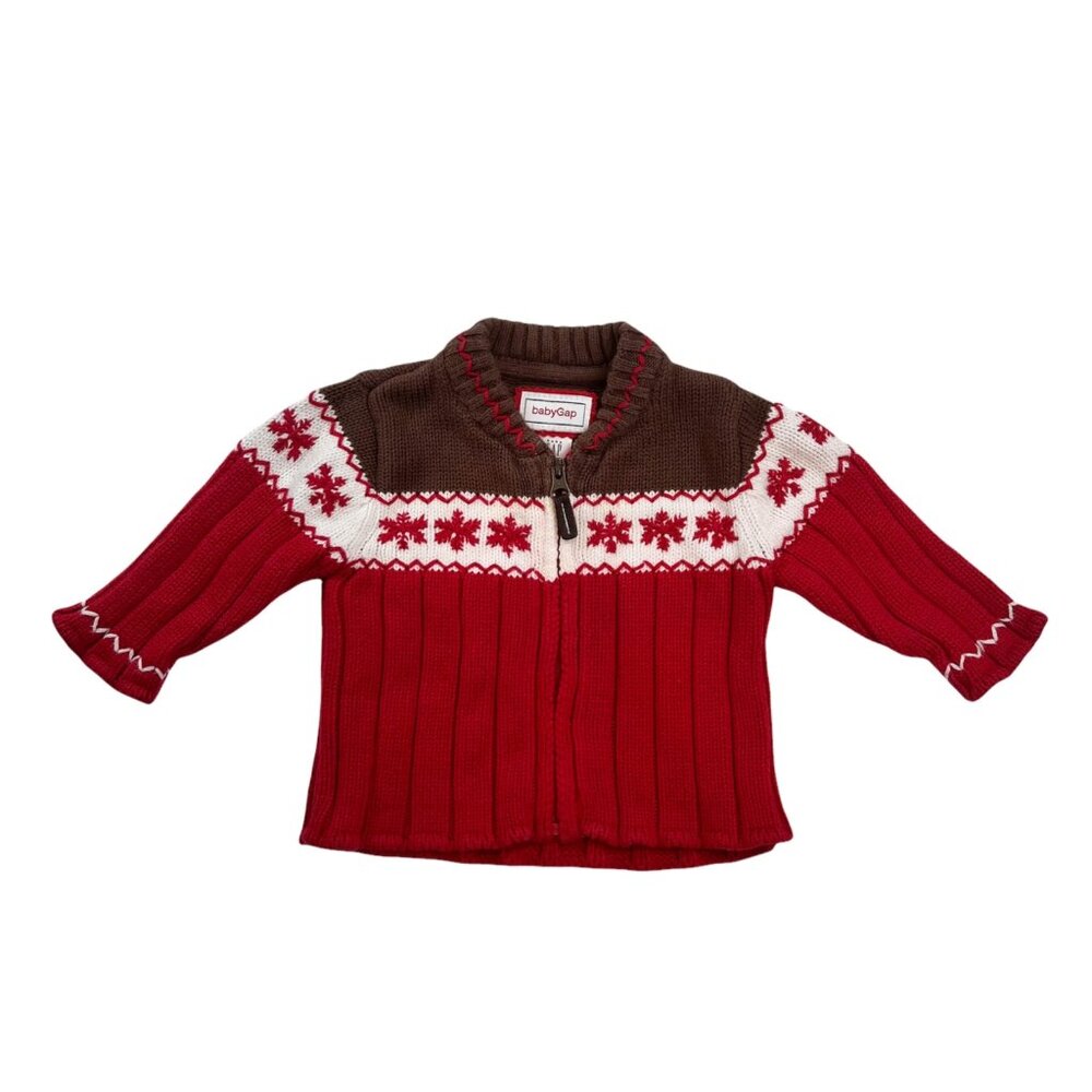 Baby Gap Knit Zip Up Snowflake Cardigan Sweater Brown Red White Infant